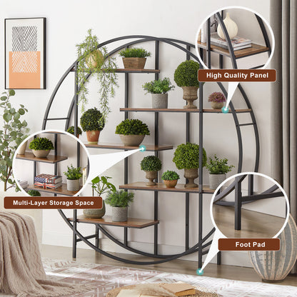 Round 5-Tier Metal Plant Stand bookcase storage rack, Indoor Living Room Terrace Garden Balcony Display Stand. Rustic Brown, 67'' W x 11.8'' D x 67'' H.