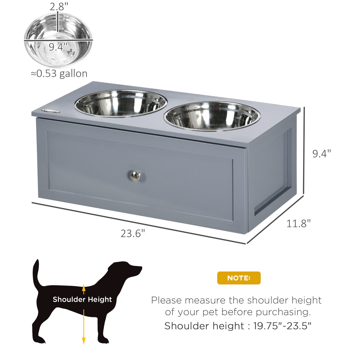 PawHut Elevated Dog Bowls, Raised Dog Bowl Stand with Storage, 2 Stainless Steel Bowls, Pet Feeding Station for Medium Dogs, Indoor Use, 23.6" x 11.8" x 9.4", Gray