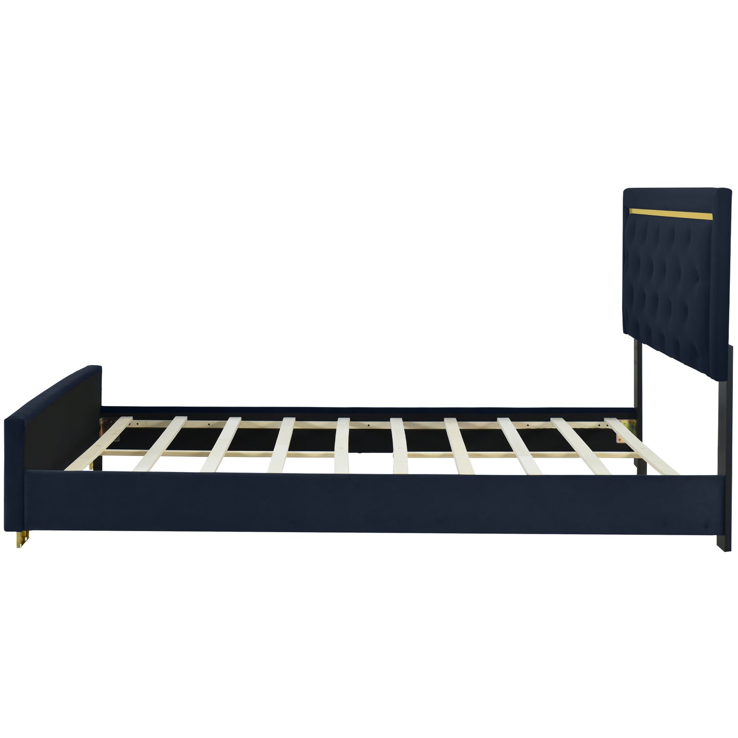 Queen Size Upholstered Platform Bed With Pull Point Headboard And Metal Wire Frame At The Head And Foot Of The Bed, Metal Feet, Velvet, Black