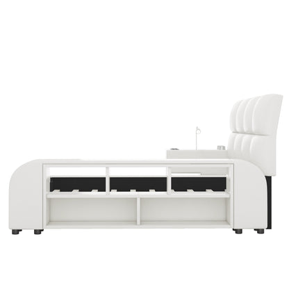 Queen Size Upholstered Platform Bed with Multimedia Nightstand and Storage Shelves, White