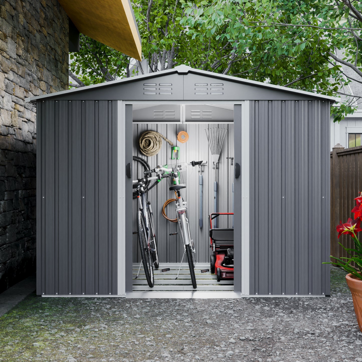 8x6 FT Outdoor Tool Storage Shed with Metal Foundation & Lockable Doors,  All Weather Metal Sheds for Garden, Patio, Backyard, Lawn, Gray