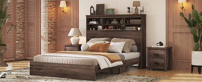 Queen Size Wooden Platform Bed with Storage Headboard,American Country Style Bed with USB Charging Ports,Dark Walnut