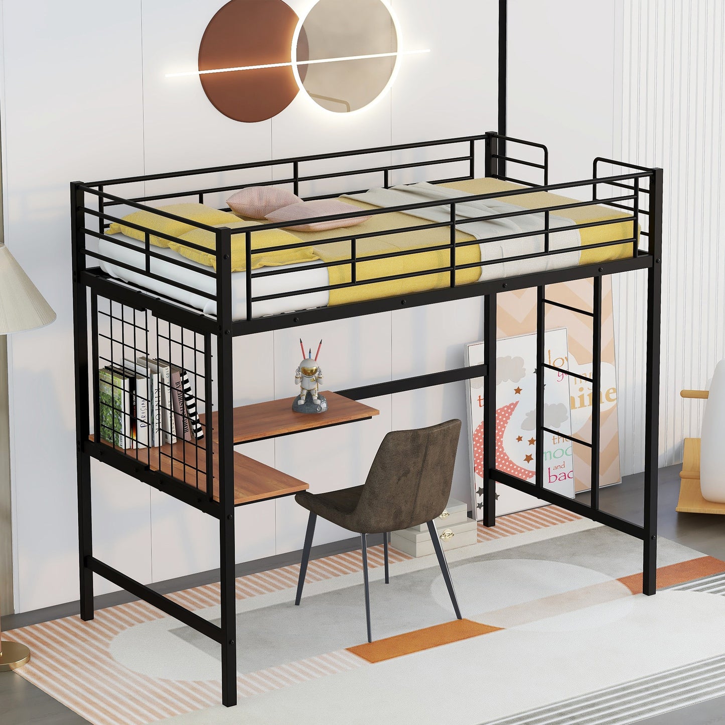 Twin Metal Loft Bed with Desk and Metal Grid,Black