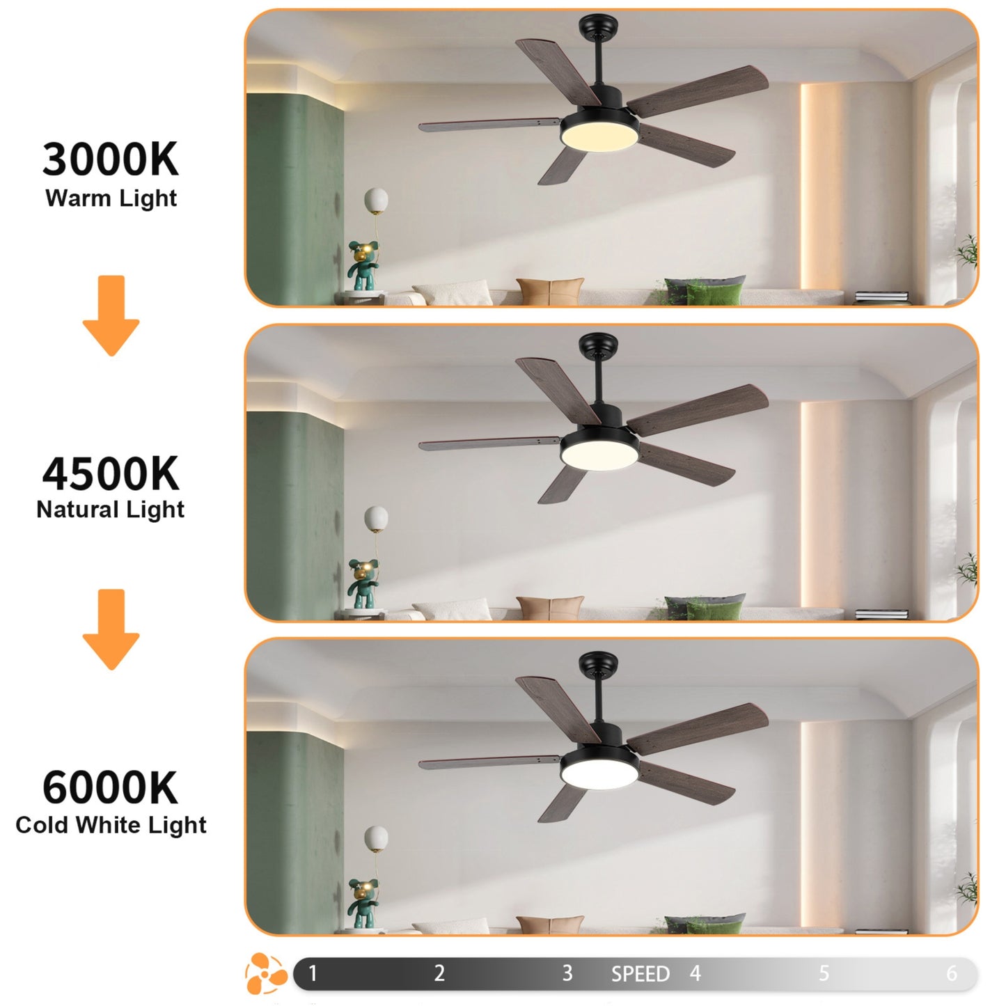 52 Inch Downrod Ceiling Fans with Lights and Remote Control, Modern Outdoor Indoor Wood and Dark 5 Blades LED Lights Smart Ceiling Fans for Bedroom, Living Room, and Patios (Set of 2)