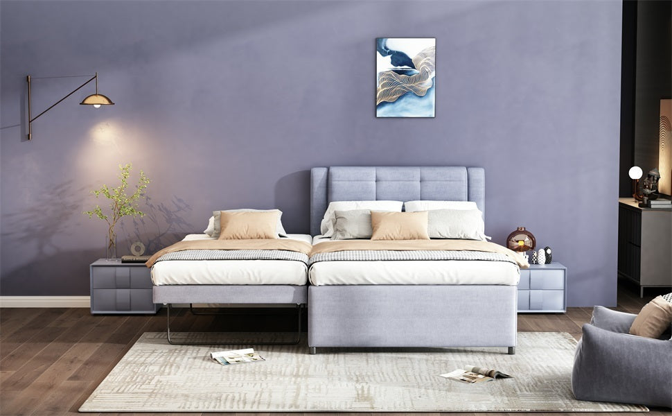 Full Size Upholstery platform bed with Trundle,Trundle can be flat or erected, Gray