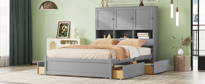 Queen Size Platform Bed with Storage Headboard and 4 Drawers, Gray