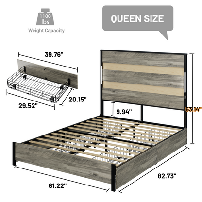 Queen Size Bed Frame with  Headboard and  4 Storage Drawers , Queen Bed Frame with Charging Station and LED Lights, Wood Slats, Easy Assembly,No Box Spring Needed,Industrial Gray