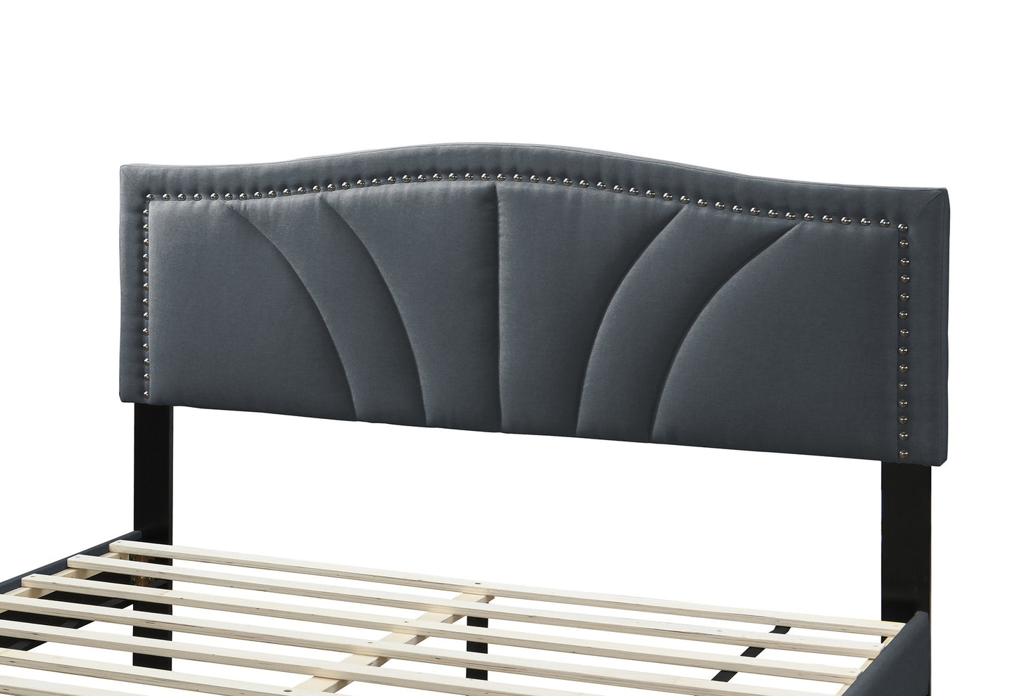 Modern Vintage Look 1pc Queen Size Bed Charcoal Burlap Fabric Nailhead Trim Accents Headboard Bedframe