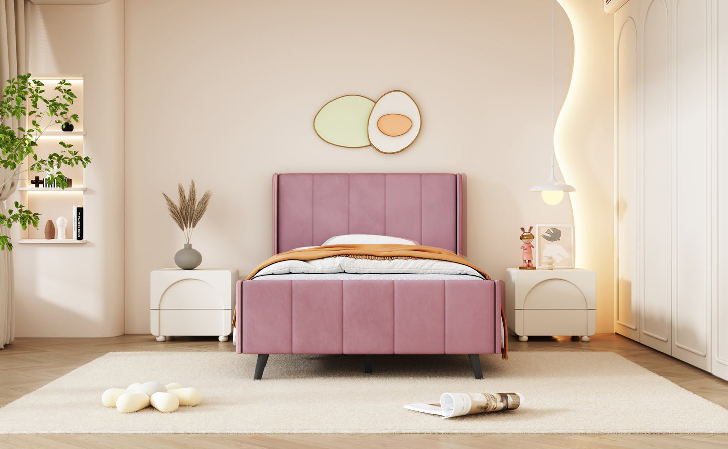 Twin Size Upholstered Platform Bed, Velvet, Pink