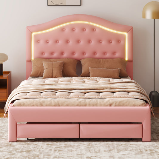 Queen Size Upholstered Platform Bed with Tufted Headboard, LED and 2 Drawers, Pink