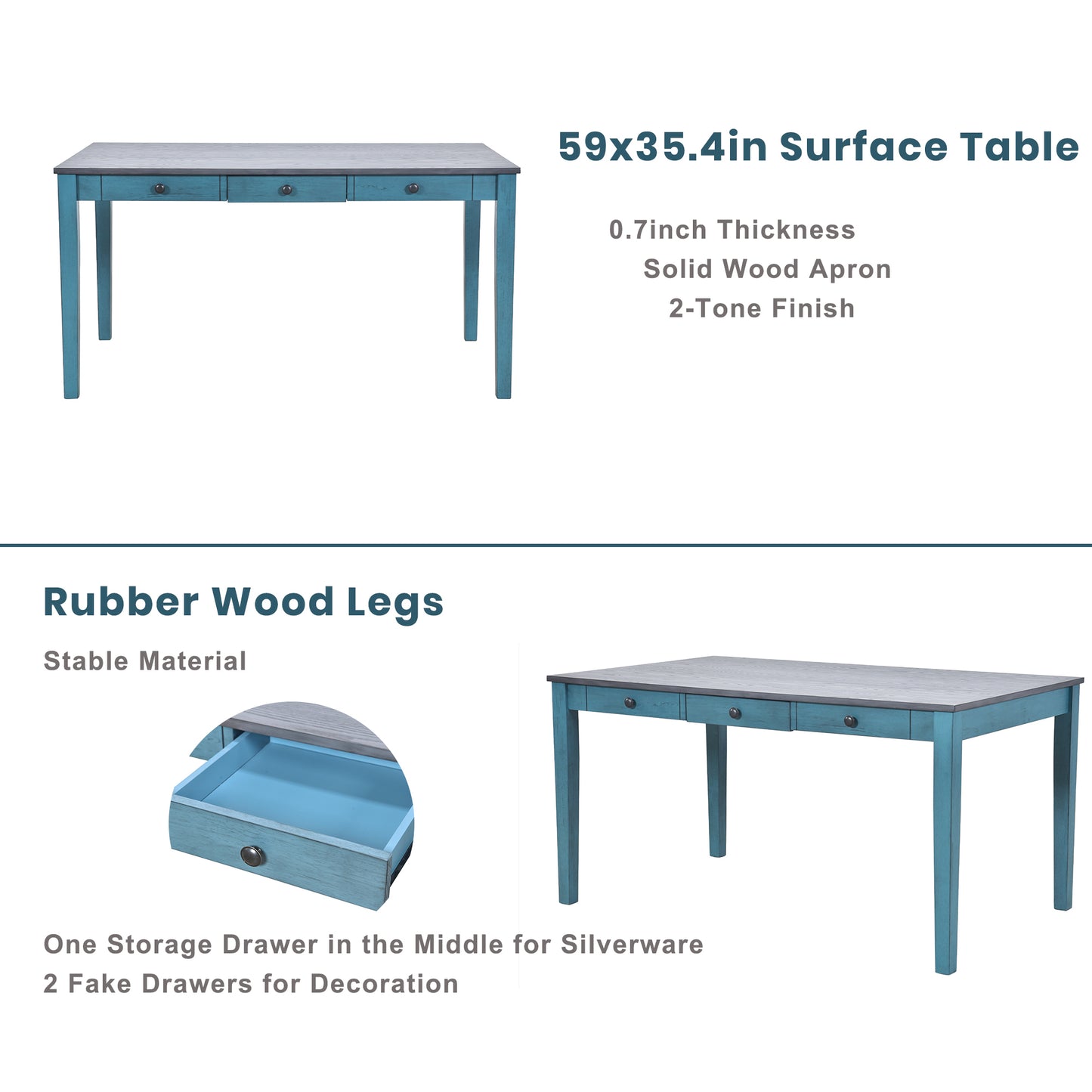 TOPMAX Mid-Century 6-Piece Wood Dining Table Set, Kitchen Table Set with Drawer, Upholstered Chairs and Bench, Antique Blue