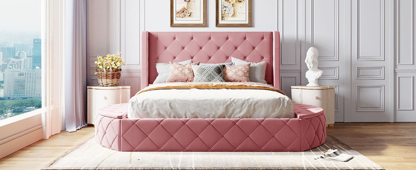 Upholstered Platform Bed Queen Size Storage Velvet Bed with Wingback Headboard and 1 Big Drawer,2 Side Storage Stool(Pink)