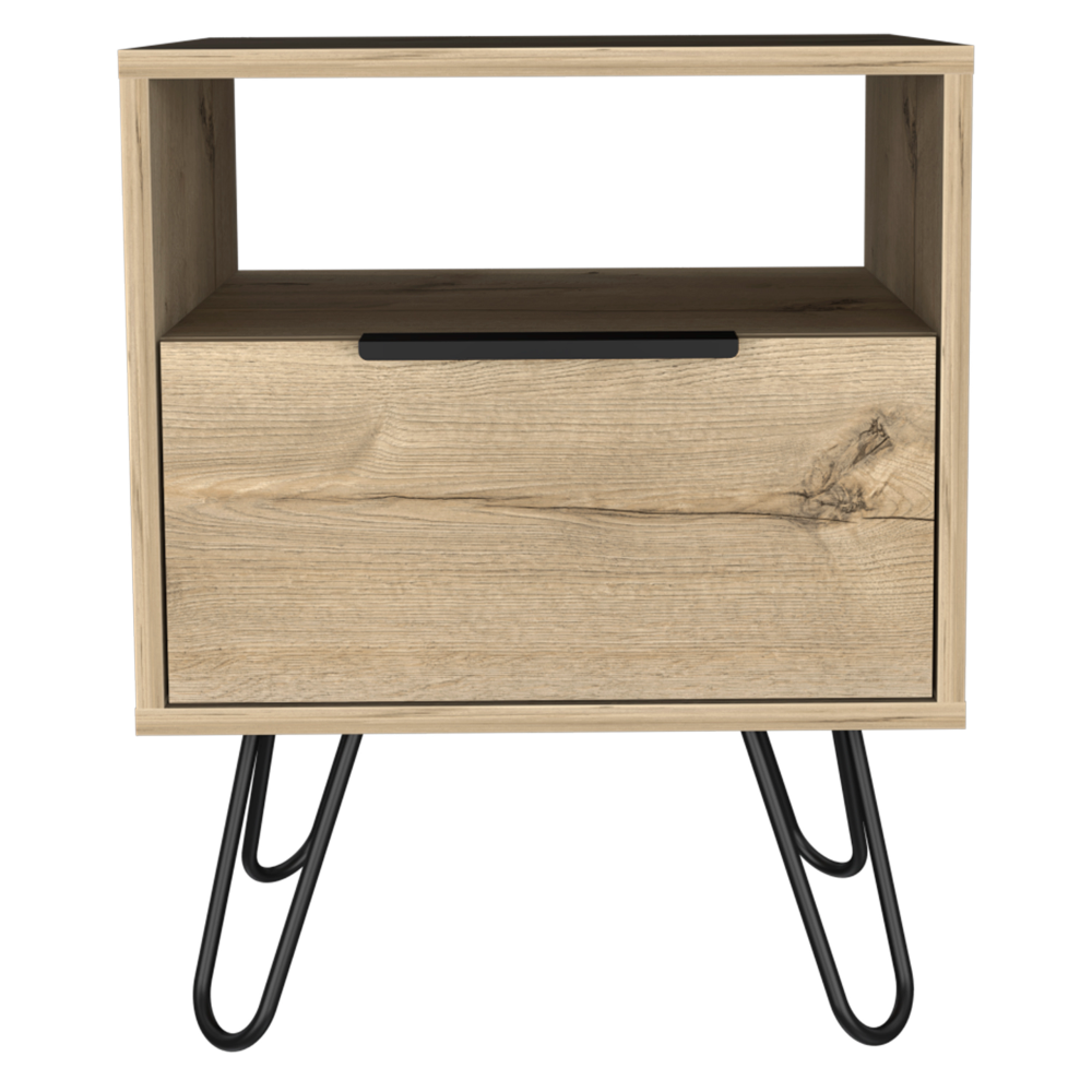 Nightstand 22"H, One Open Shelf, Single Door Cabient, Hairpin Legs, Light Oak