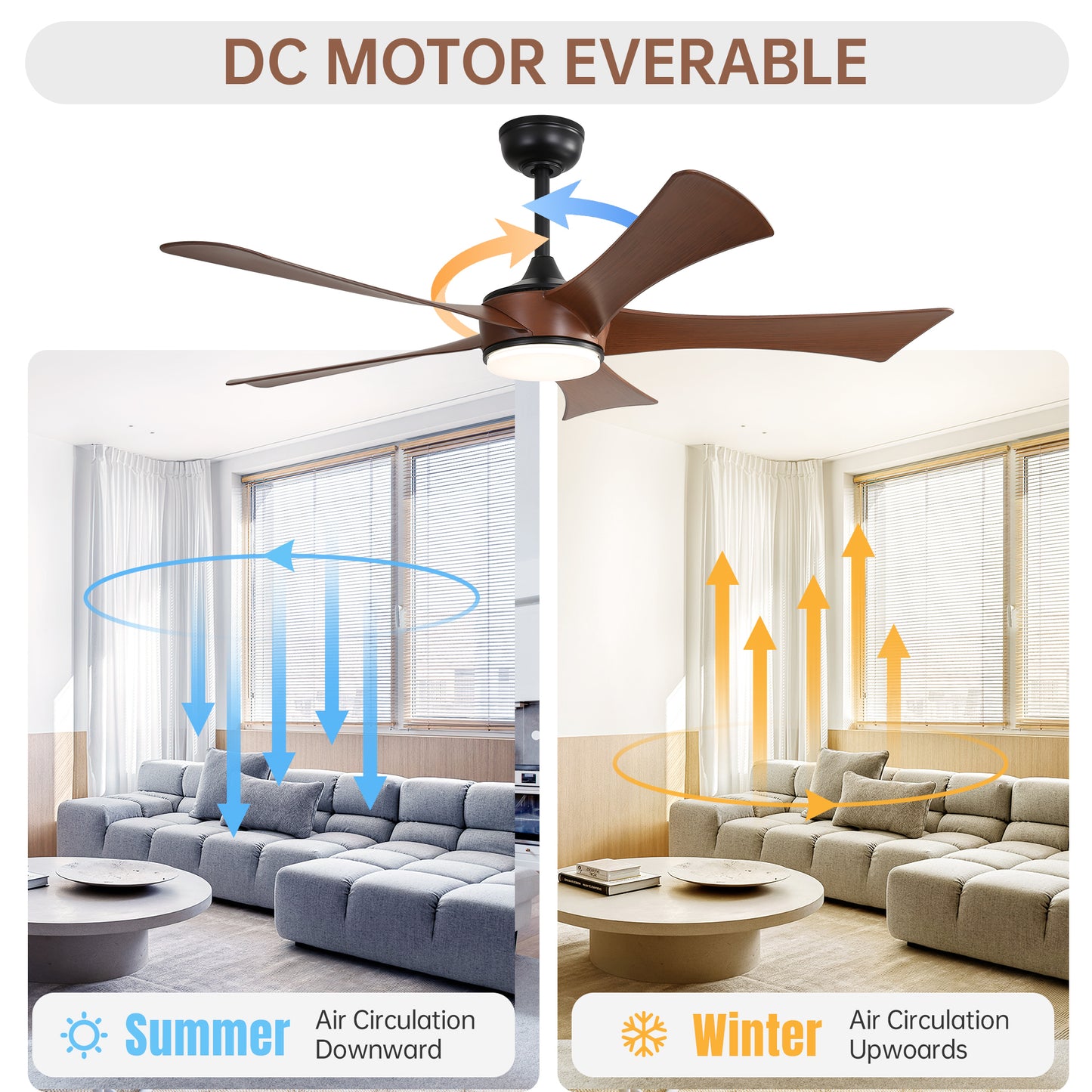 52 Inch Modern Ceiling Fan With 3 Color Dimmable 5 ABS Blades Remote Control Reversible DC Motor With Led Light