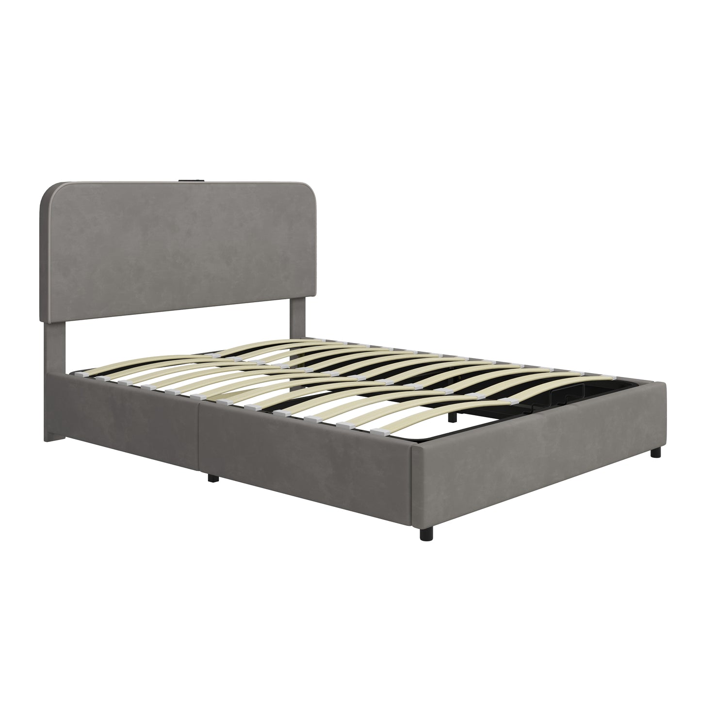 Upholstered Platform Full Size Hydraulic Storage Bed, Lift Up Storage Bed with RGB LED Light, Bluetooth Speaker, No Box Spring Needed, Lychee Velvet, Gray