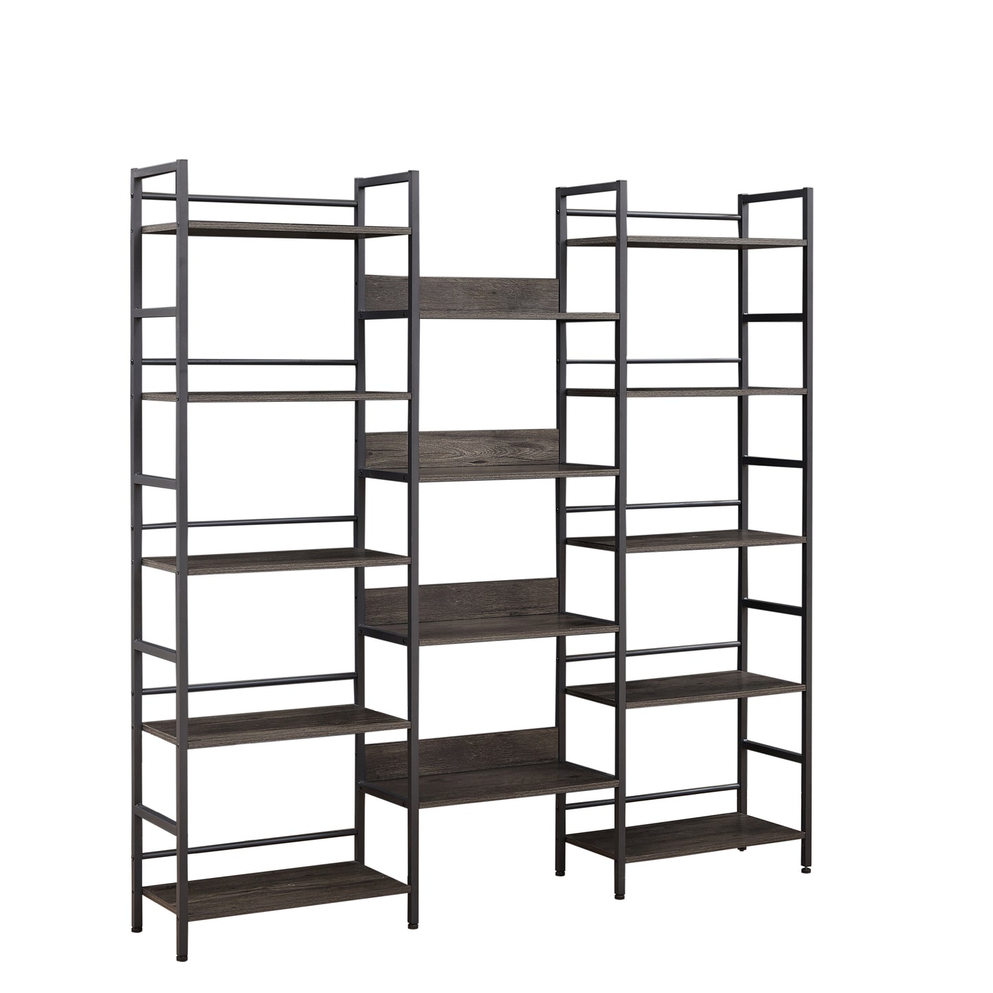 Triple Wide 5-shelf Bookshelves Industrial Retro Wooden Style Home and Office Large Open Bookshelves, Dark Grey, 69.3"W x 11.8"D x 70.1"H