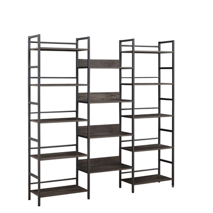 Triple Wide 5-shelf Bookshelves Industrial Retro Wooden Style Home and Office Large Open Bookshelves, Dark Grey, 69.3"W x 11.8"D x 70.1"H