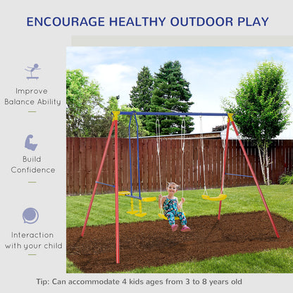 Outsunny Metal Swing Set with Glider, Two Swing Seats and Adjustable Height, Outdoor Heavy Duty A-Frame Suitable for Playground, Backyard, Multi-color