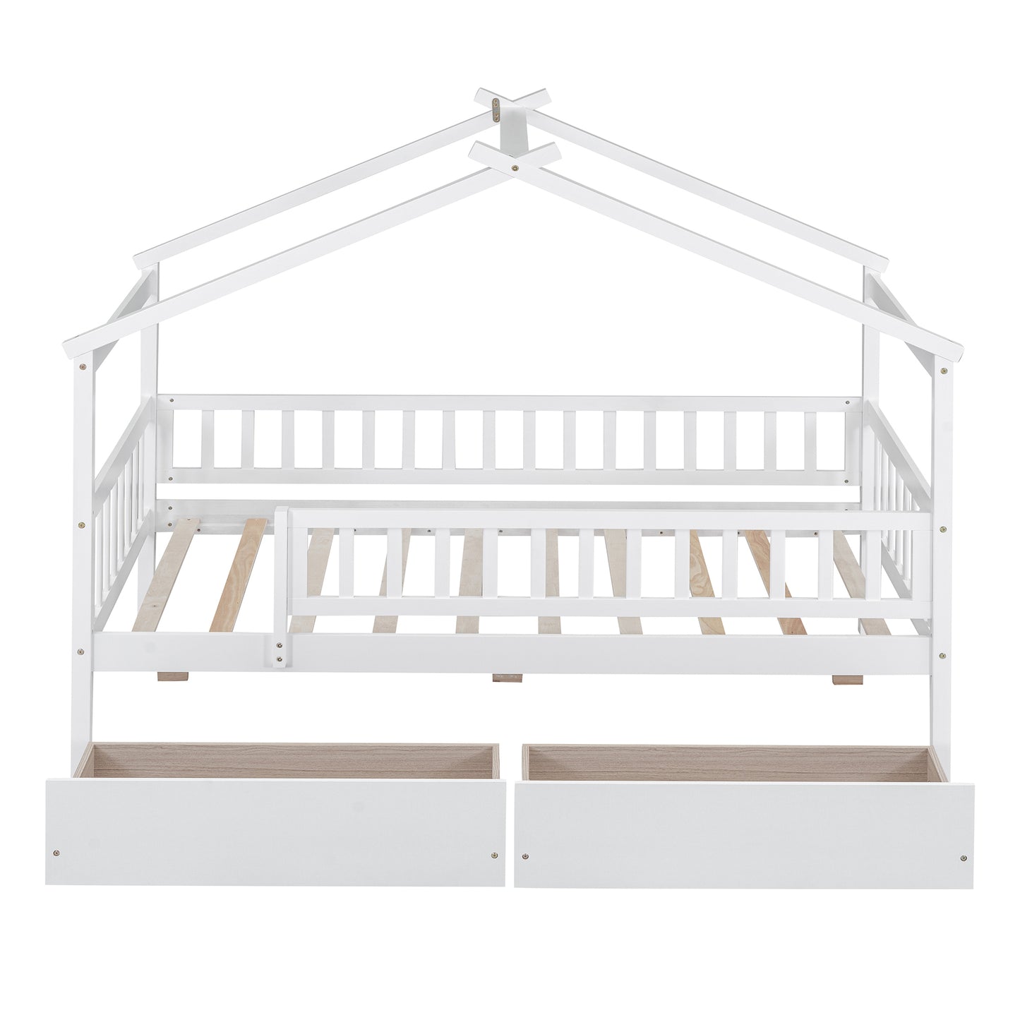 Twin Size Wooden House Bed with Two Drawers, White