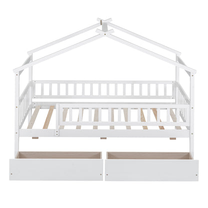 Twin Size Wooden House Bed with Two Drawers, White