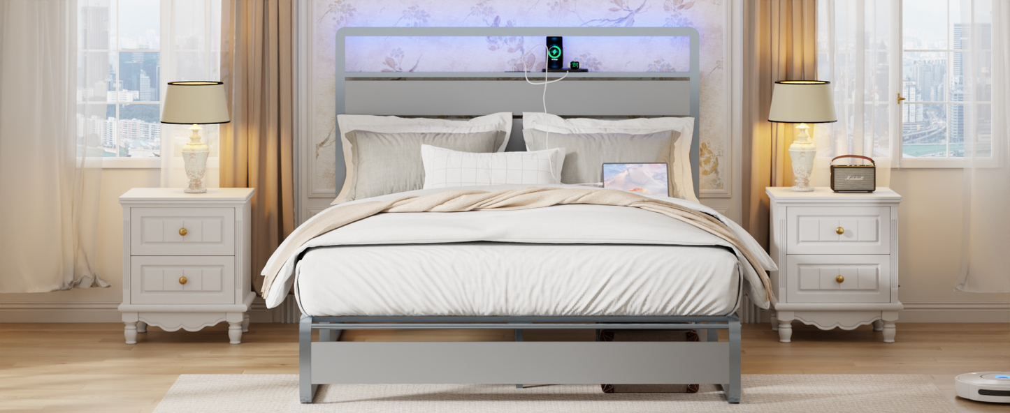 Queen Size Bed Frame with Headboard, Metal Platform Bed Frame with Charging Station, Heavy Duty Platform Bed Frame with LED, Easy Assembly, Silver