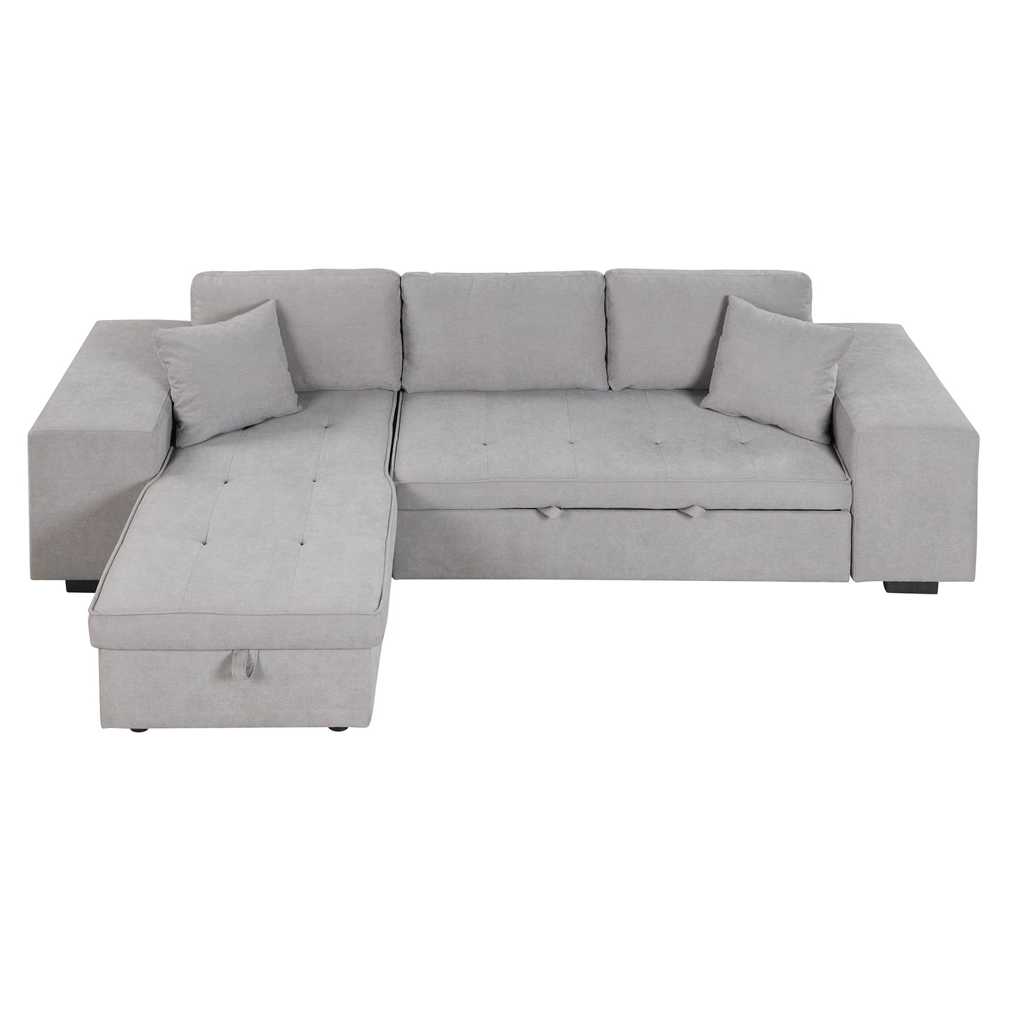 Modern Reversible L-Shape Pull Out Sleeper Sofa with Storage Chaise and Stools, Gray Linen, 104.5'
