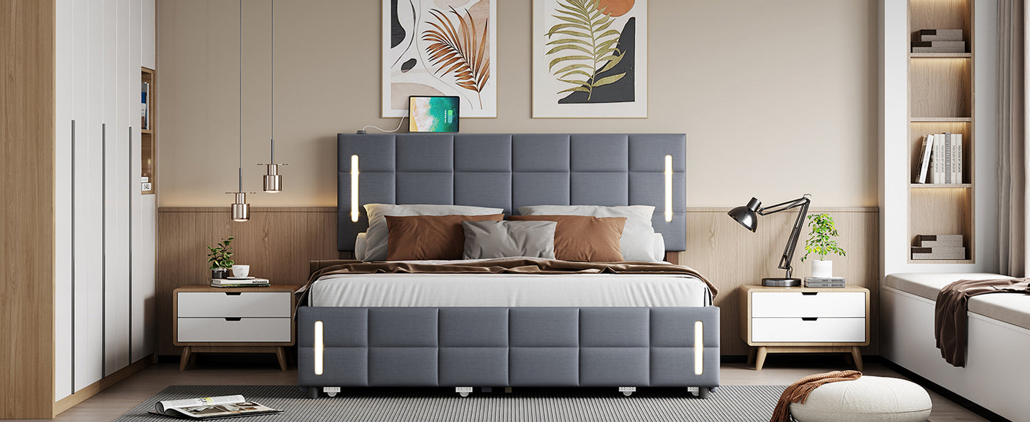 Queen Size Upholstered Platform Bed with Trundle and Drawers, Gray