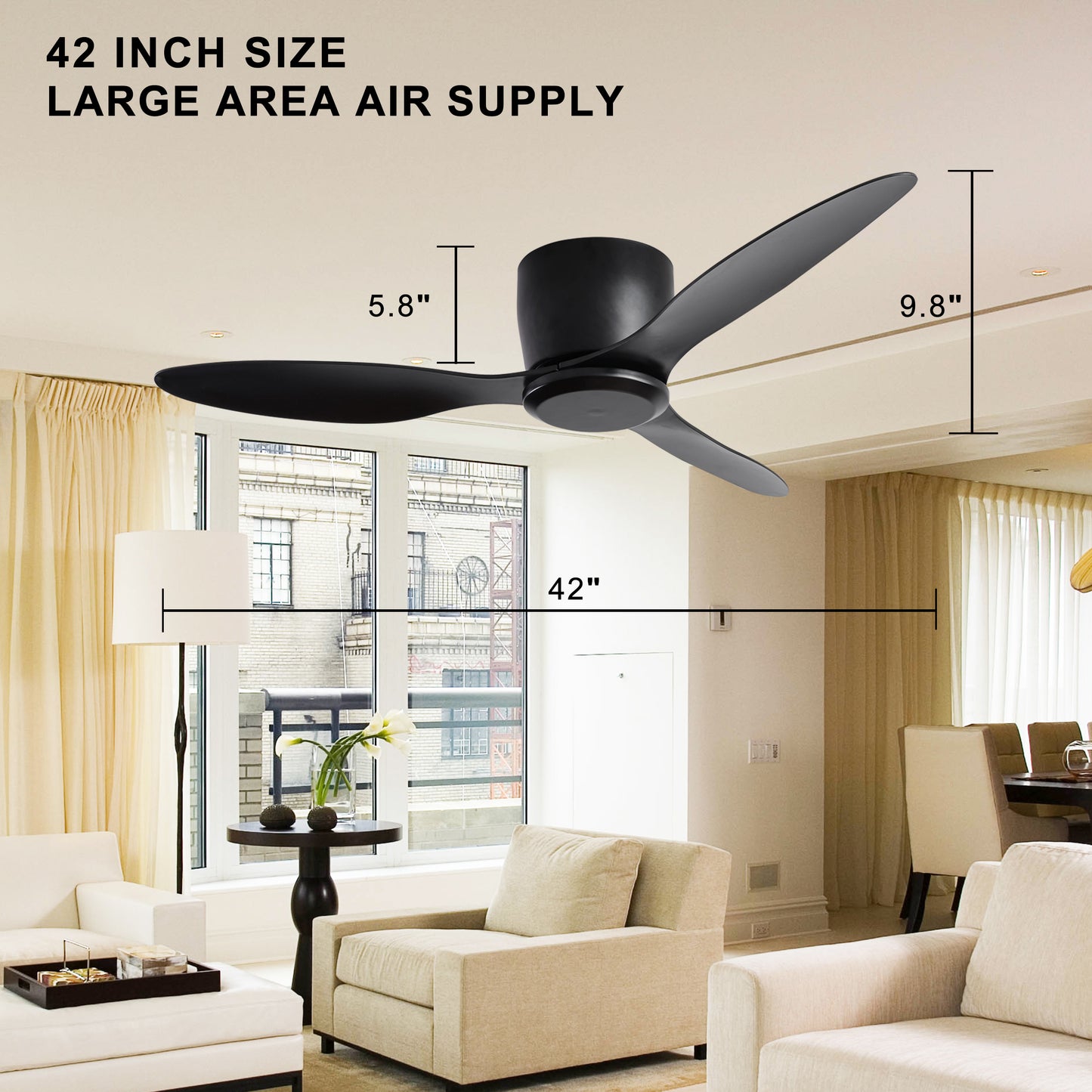 42" Flush Mount Ceiling Fan without  light,  3 Reversible Blades, with 6 Speeds Reversible DC Motor,Low Profile  Ceiling Fan with no light for Living Room Kitchen Bedroom