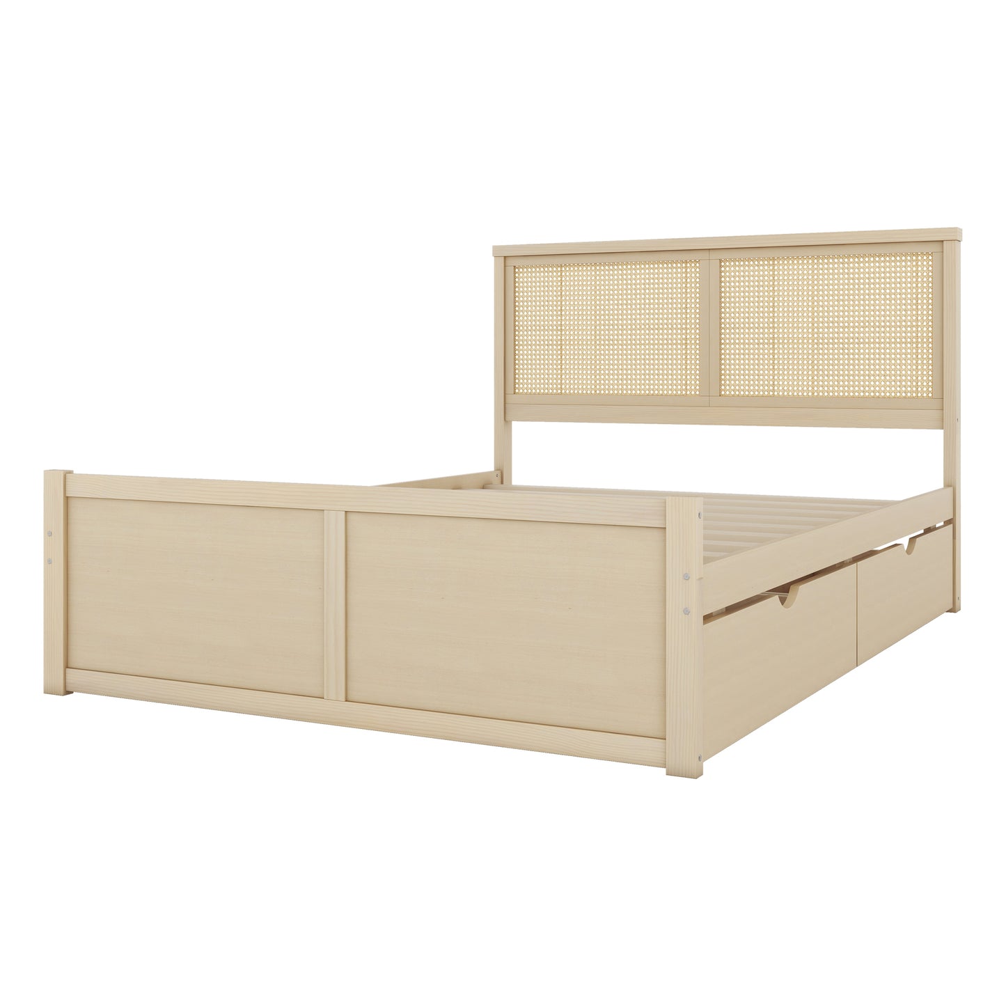 Queen Size Wood Storage Platform Bed with 4 Drawers, Rattan Headboard, Nature