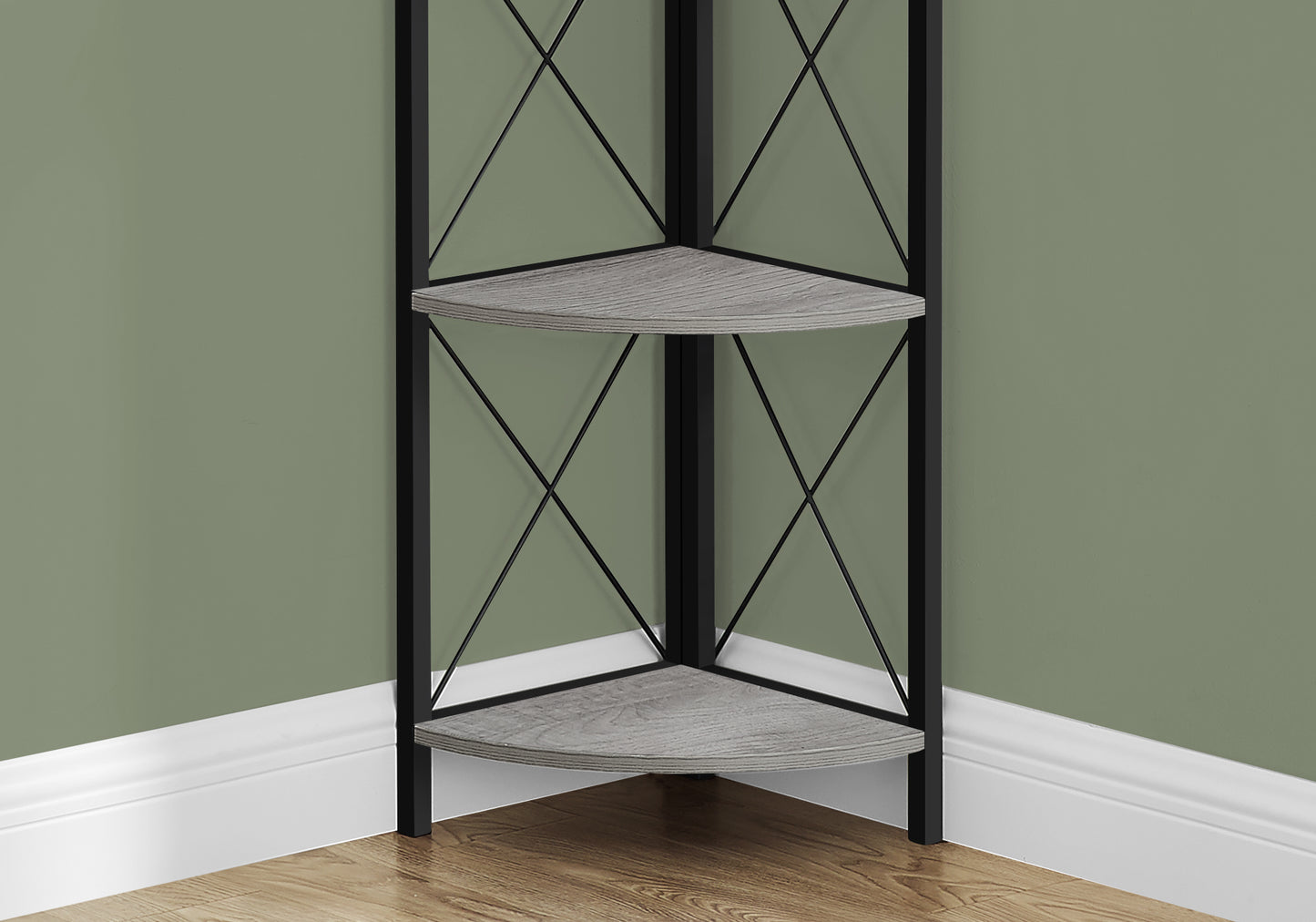 Bookshelf, Bookcase, Etagere, Corner, 4 Tier, 60"h, Office, Bedroom, Grey Laminate, Black Metal, Contemporary, Modern