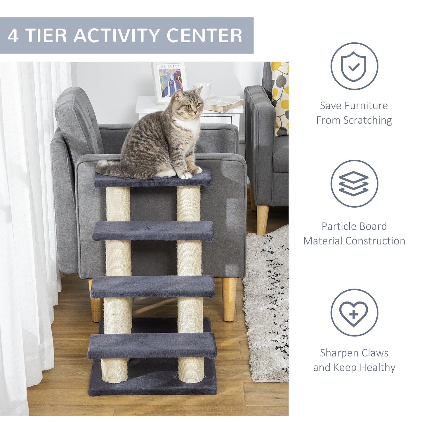 PawHut Cat Tree with 4 Steps for High Beds Couch, Cute Stair Shaped Cat Tree for Indoor Cats or Dogs w/ Sisal Scratching Post, Climbing, Playing, Gray