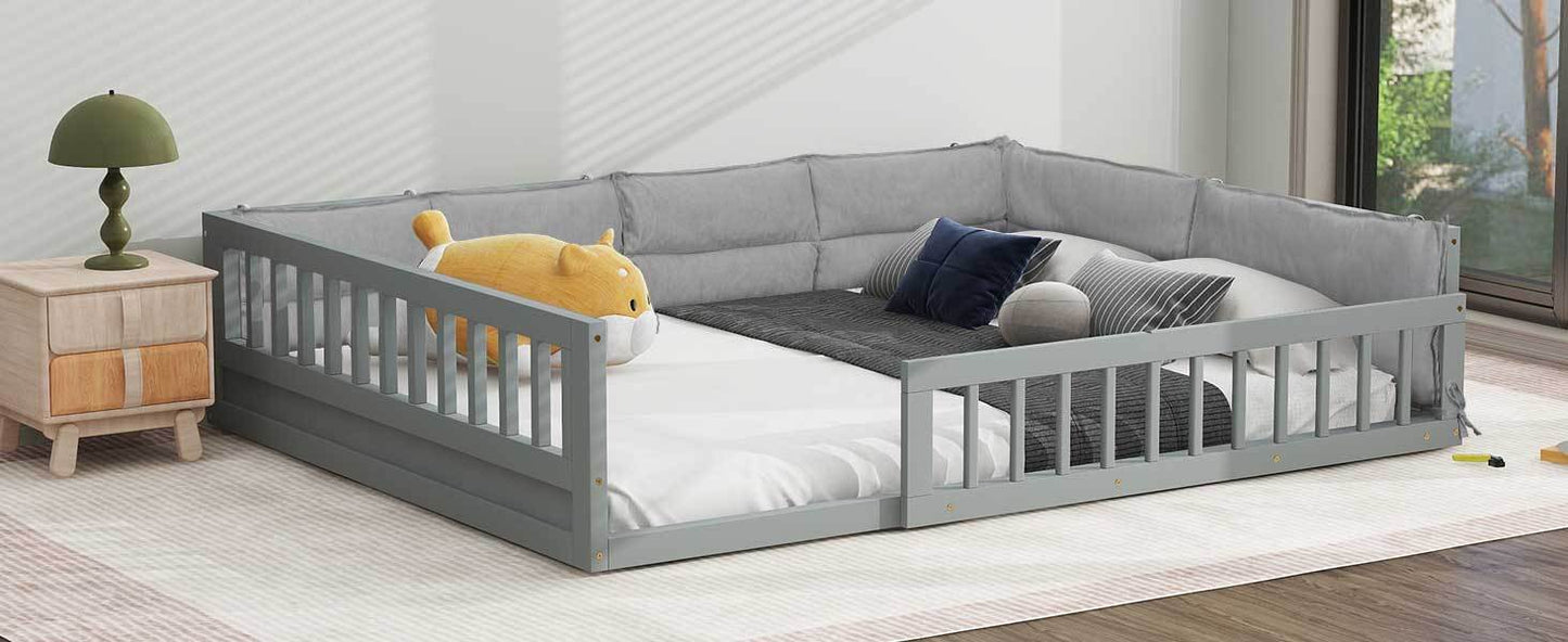 Wood Full Size Upholstered Platform Bed with Guardrail and Pillow, Gray