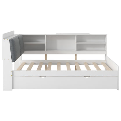 Wood Twin Size platform bed with Trundle, Shelves and Storage Headboard, White