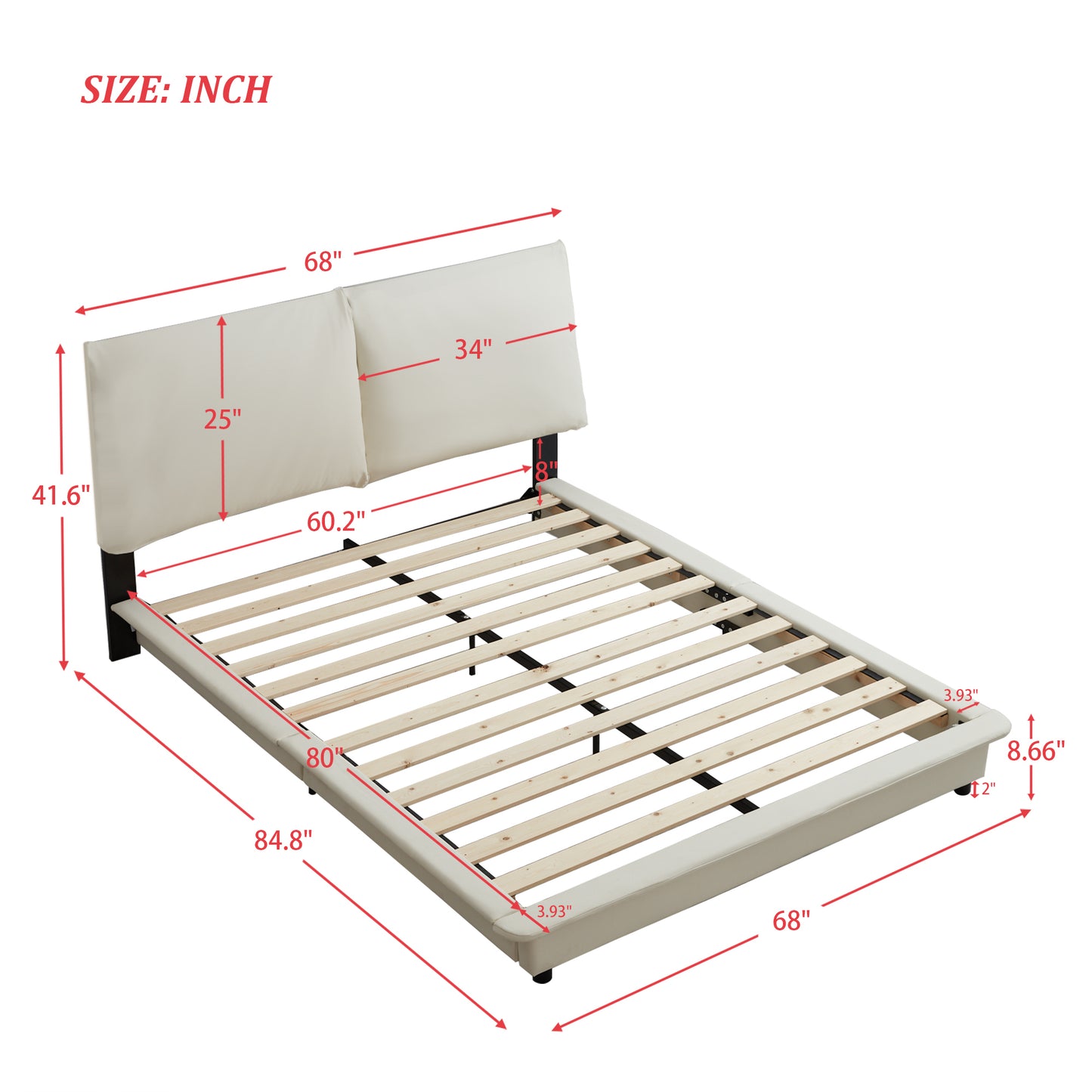 Upholstered Floating Bed Frame with Motion Activated LED Queen Size