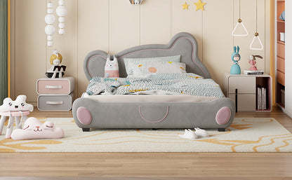 Queen Size Velvet Platform Bed with Bear-Shaped Headboard, with Bed-End Storage Pocket, Gray