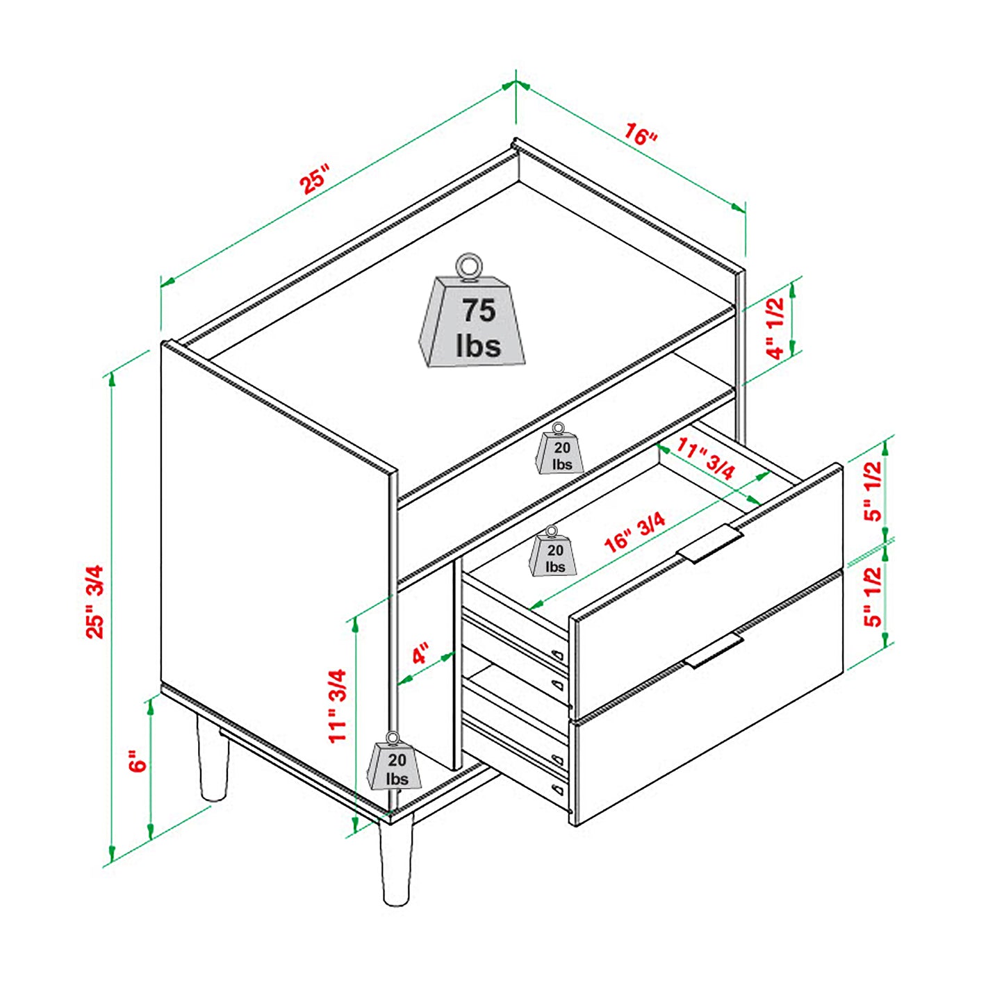 Mid-Century Modern Solid Wood 2-Drawer Gallery Nightstand - Black