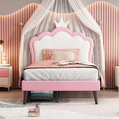 Twin Size Upholstered Princess Bed With Crown Headboard and 2 Drawers,Twin  Size Platform Bed with Headboard and Footboard,White+Pink