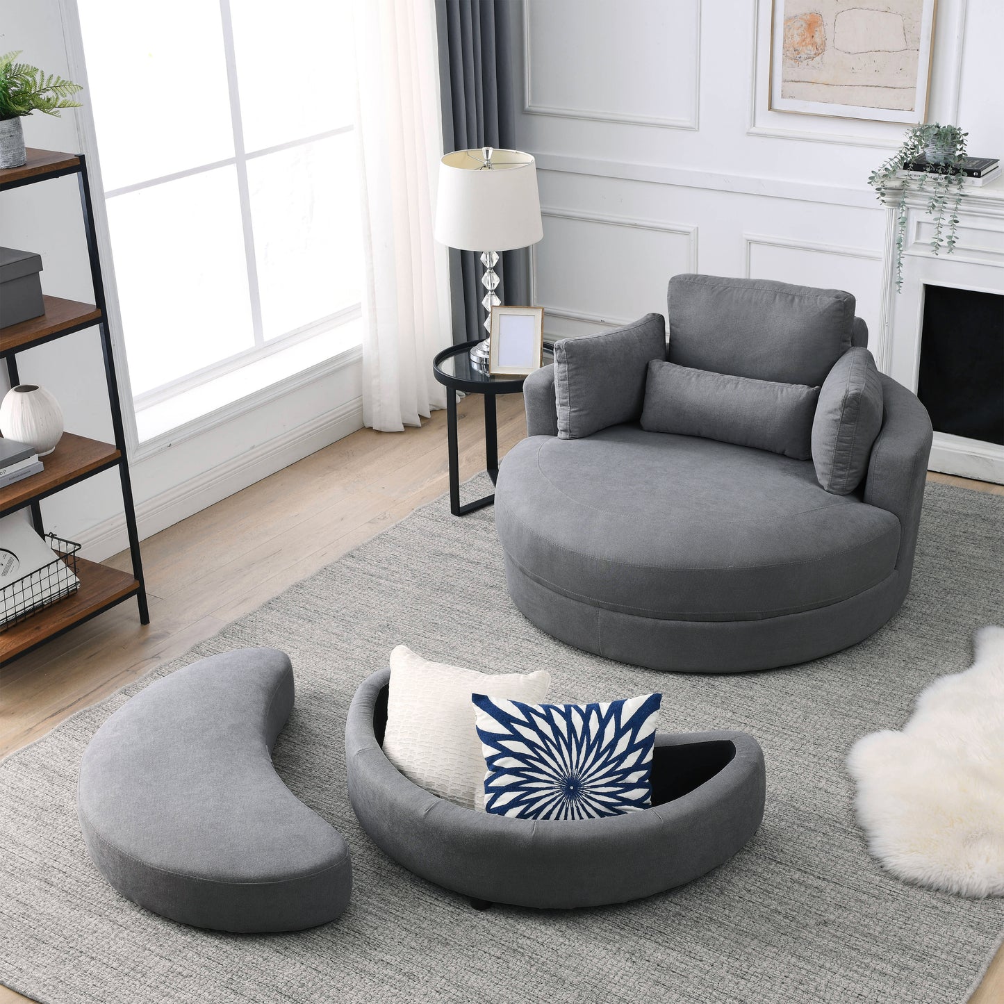 Welike Swivel Accent Barrel Modern Dark Grey Sofa Lounge Club Big Round Chair with Storage Ottoman Linen Fabric for Living Room Hotel with Pillows,2PCS.