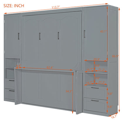 Queen Size Murphy Bed Wall Bed with Closet ,Drawers and Shelves,Gray