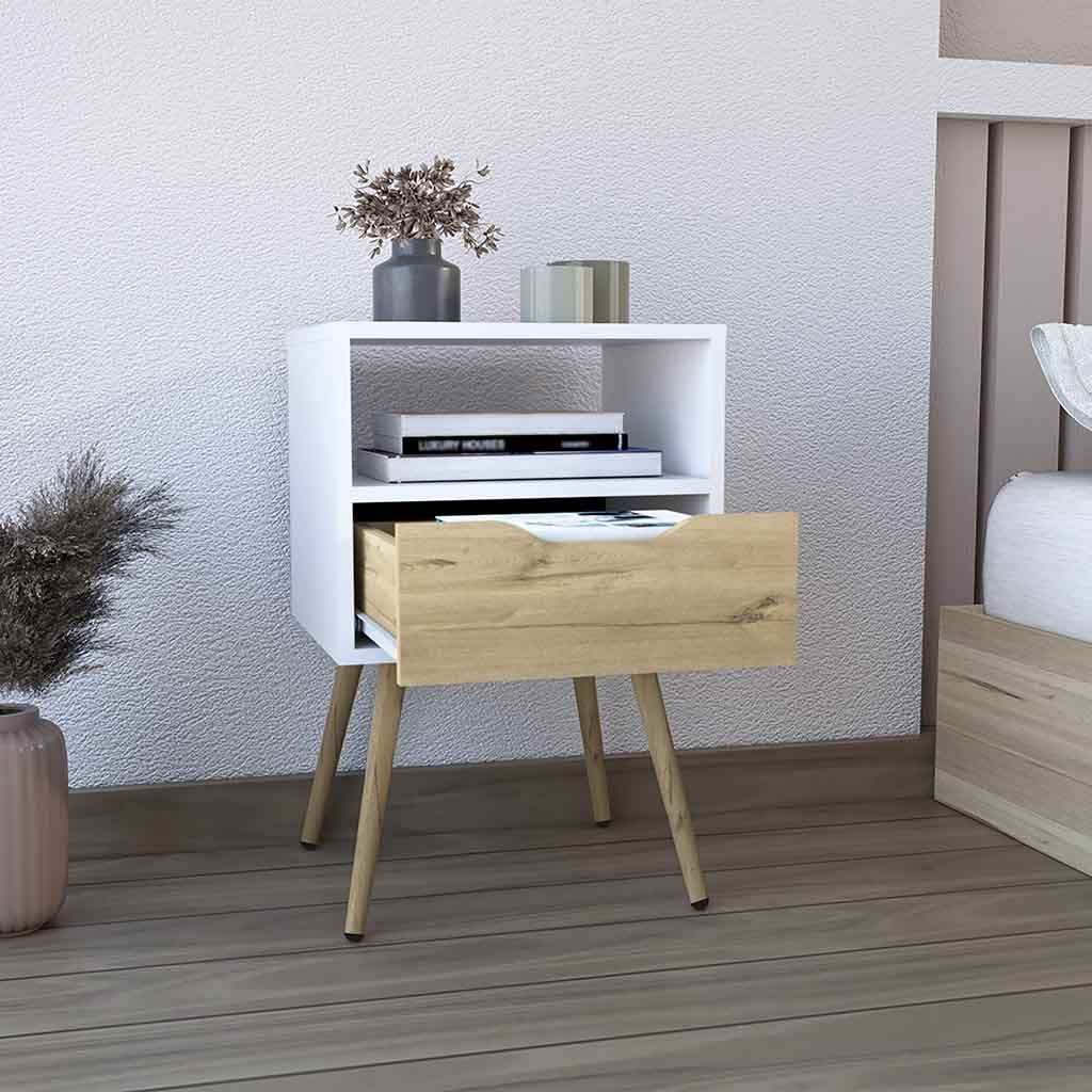 Nightstand 25"H, Superior Top, Four Legs, One Open Shelf, One Drawer, White / Light Oak