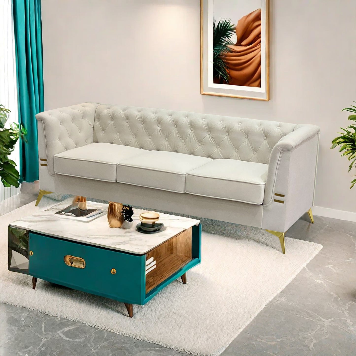 FX-P83-CW (sofa) -Modern Velvet Living Room Chesterfield design 82.7inch Wide Sofa cream white color