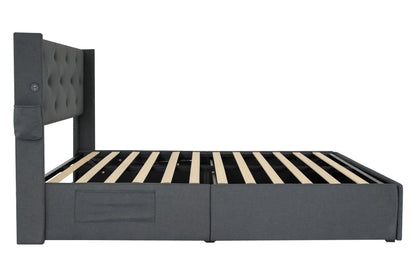 Queen Size Bed Frame with Storage - Lift Up Storage Bed with Modern Wingback Headboard, USB Ports