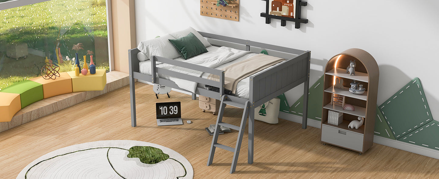 Full Size Wood Low Loft Bed with Ladder, ladder can be placed on the left or right, Gray (Old SKU:GX000366AAE)