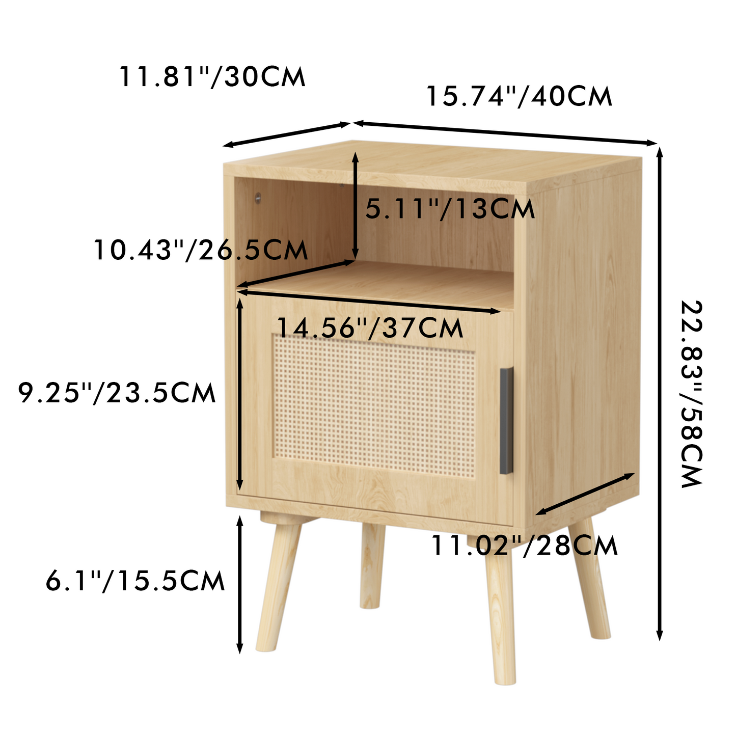 22.83'' H Rattan Nightstand, Side Table with Door Open Shelf,  Accent Bedside End Table with Solid Wood Legs for Bedroom, Dorm and Small Spaces, Oak