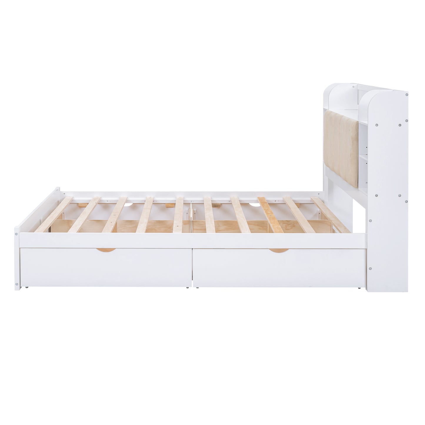 Wood Queen Size Platform Bed with Storage Headboard, Shelves and 4 Drawers, White