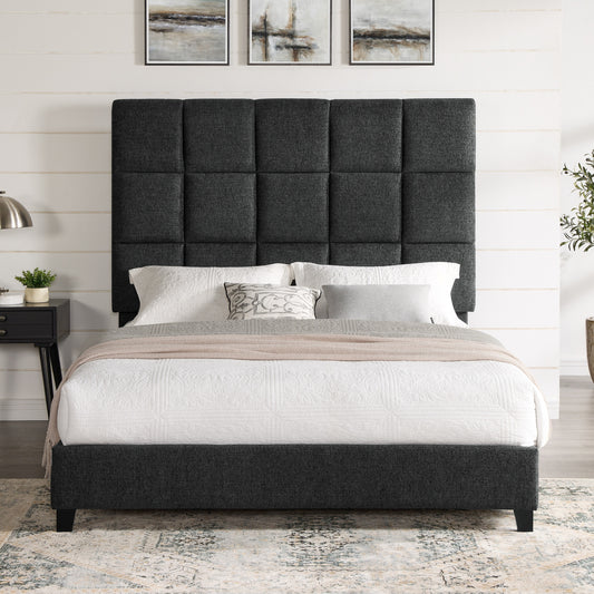 Queen Size Grey Squares Upholstered Platform Bed