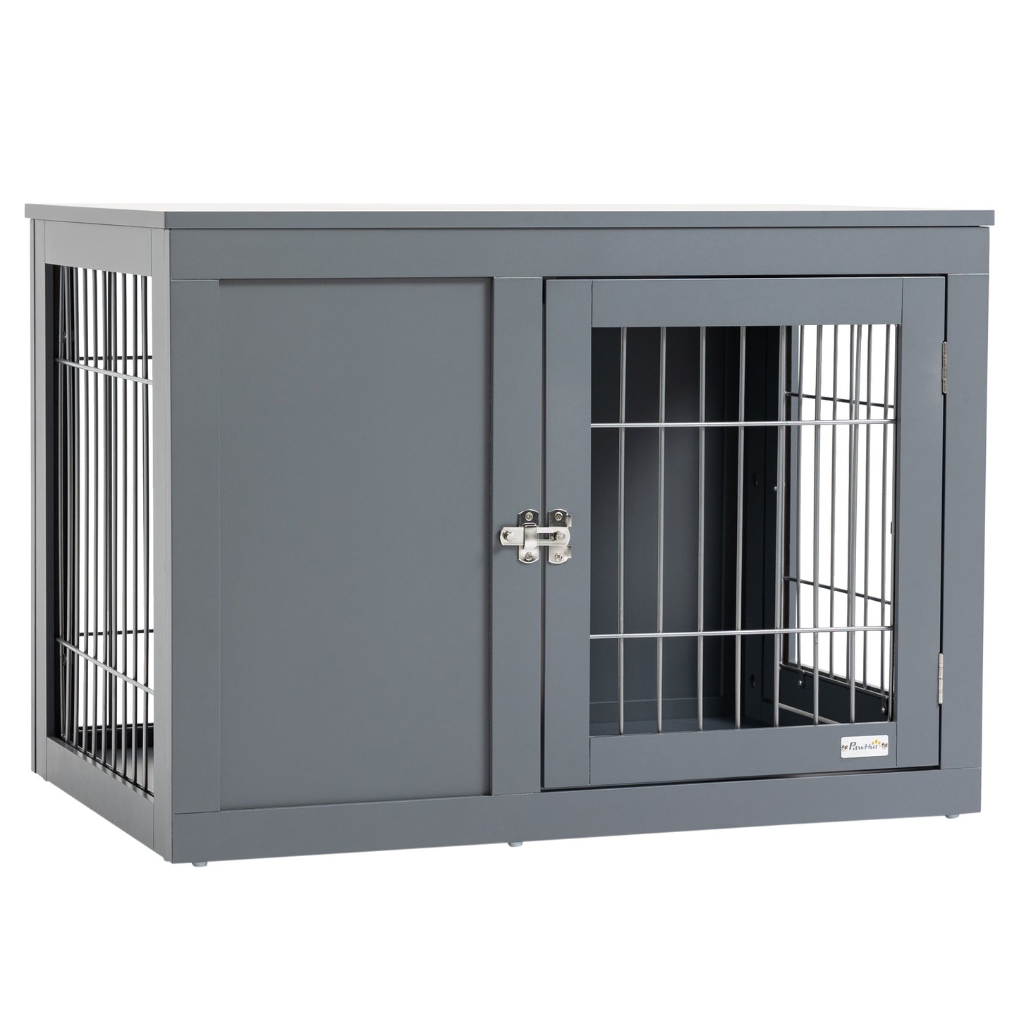 PawHut Dog Crate Furniture Wire Indoor Pet Kennel Cage, End Table with Double Doors, Locks for Small and Medium Dog House, Grey