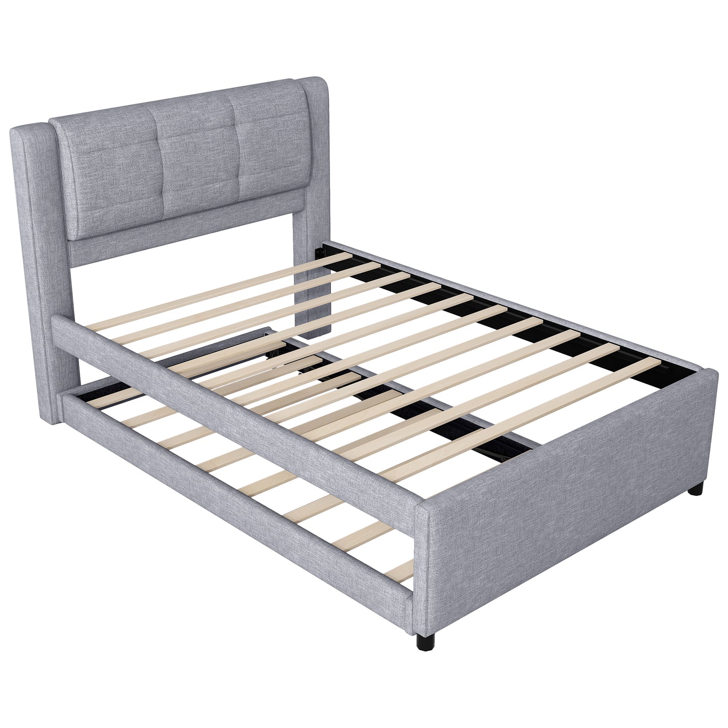 Full Size Upholstery platform bed with Trundle,Trundle can be flat or erected, Gray