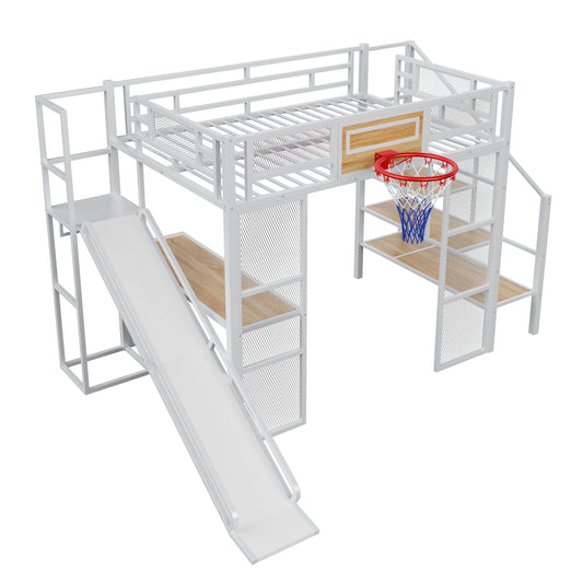Full Size Metal Loft Bed with Built-in Desk, Open Wardrobe, Basketball Hoop, Slide and Staircase in White Metal and MDF