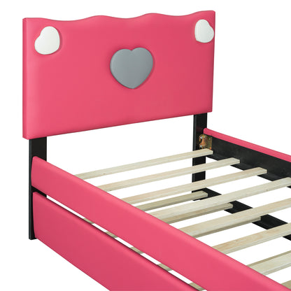 Twin Size Upholstered Platform Bed with Trundle and Heart Shaped Decoration, Dark Pink